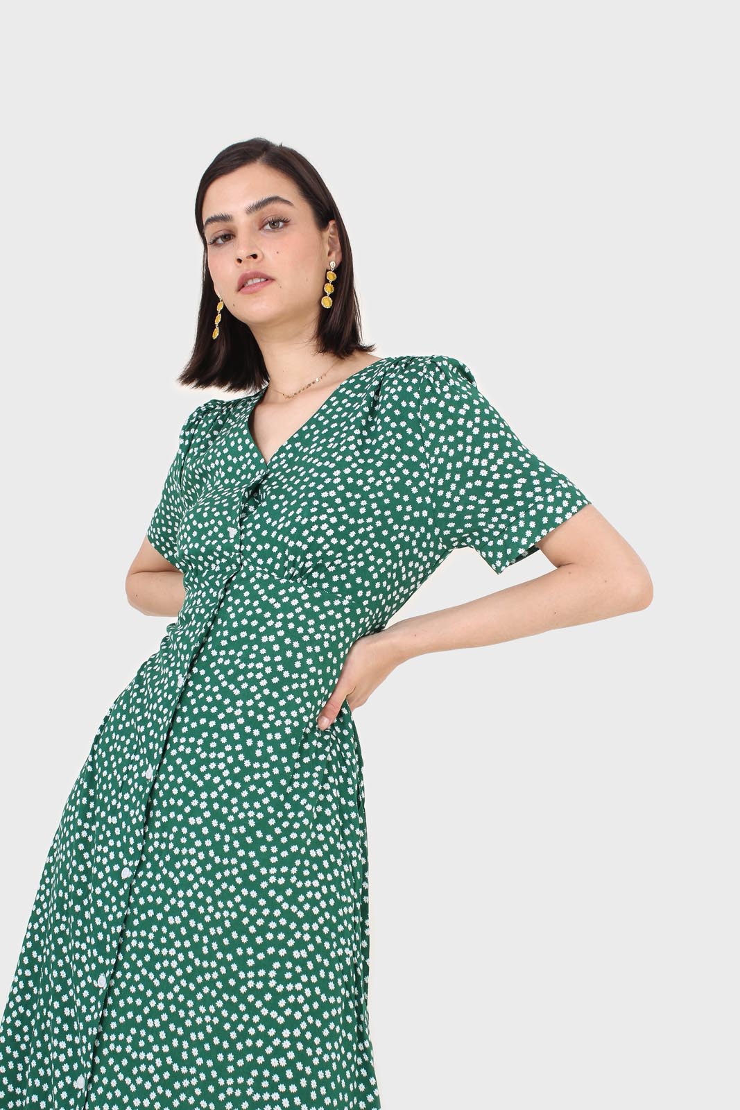 Green and white floral button front dress_4