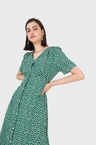 Green and white floral button front dress_4