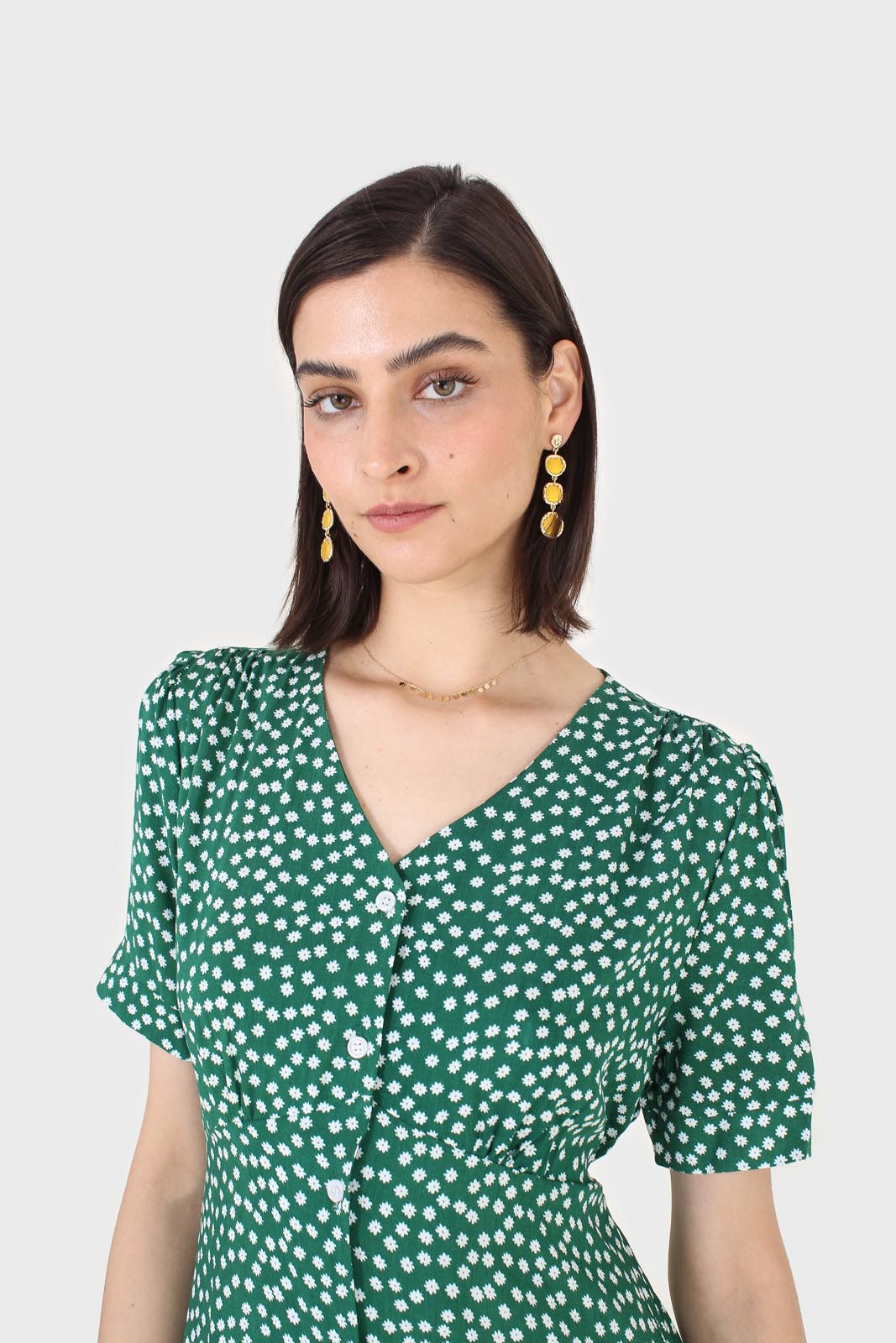 Green and white floral button front dress_8