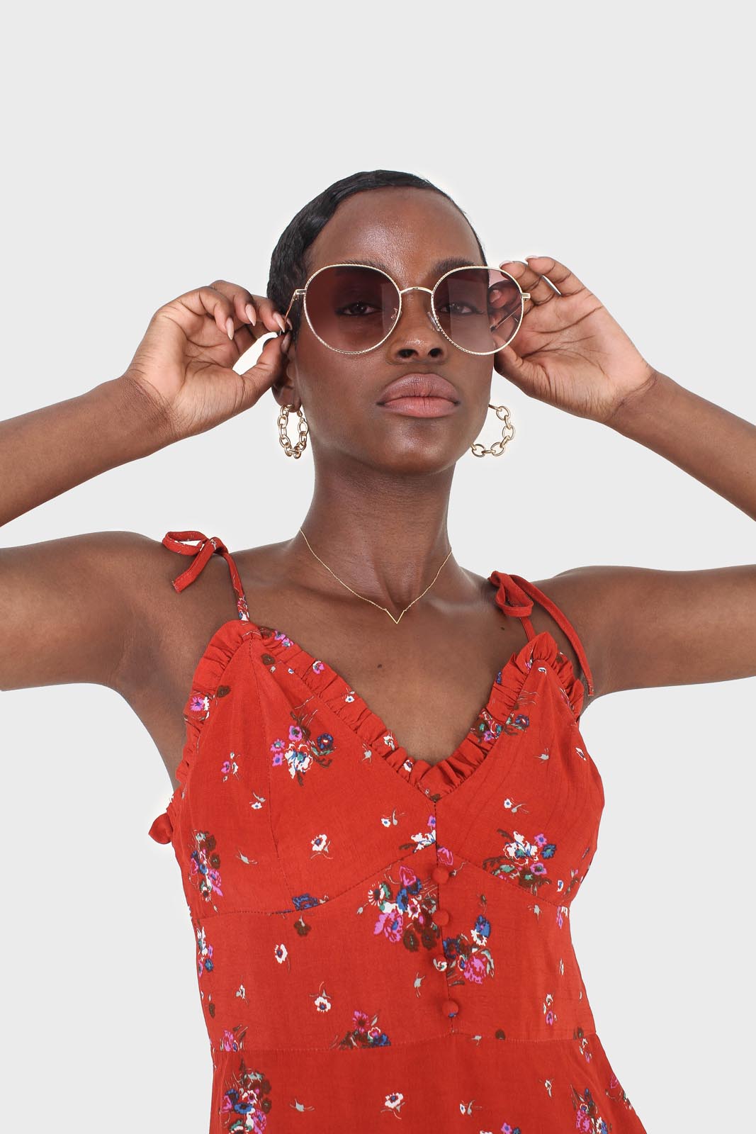 Red floral tie strap mini dress_7