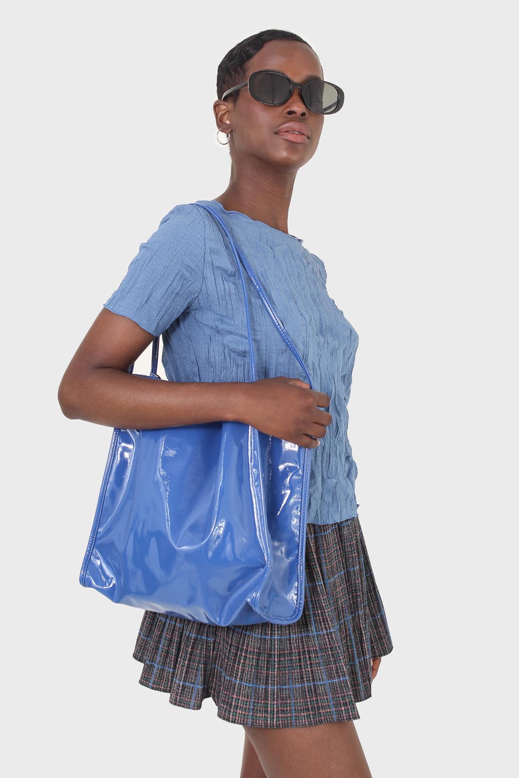Bright blue high shine PVC tote bag