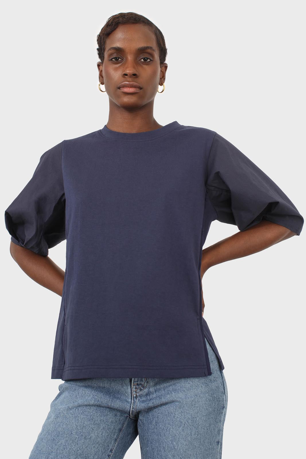 Navy contrast puff sleeve tee_8