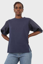 Navy contrast puff sleeve tee_8