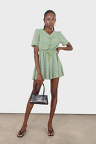 Green and white floral print tie waist romper_4