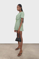 Green and white floral print tie waist romper_7