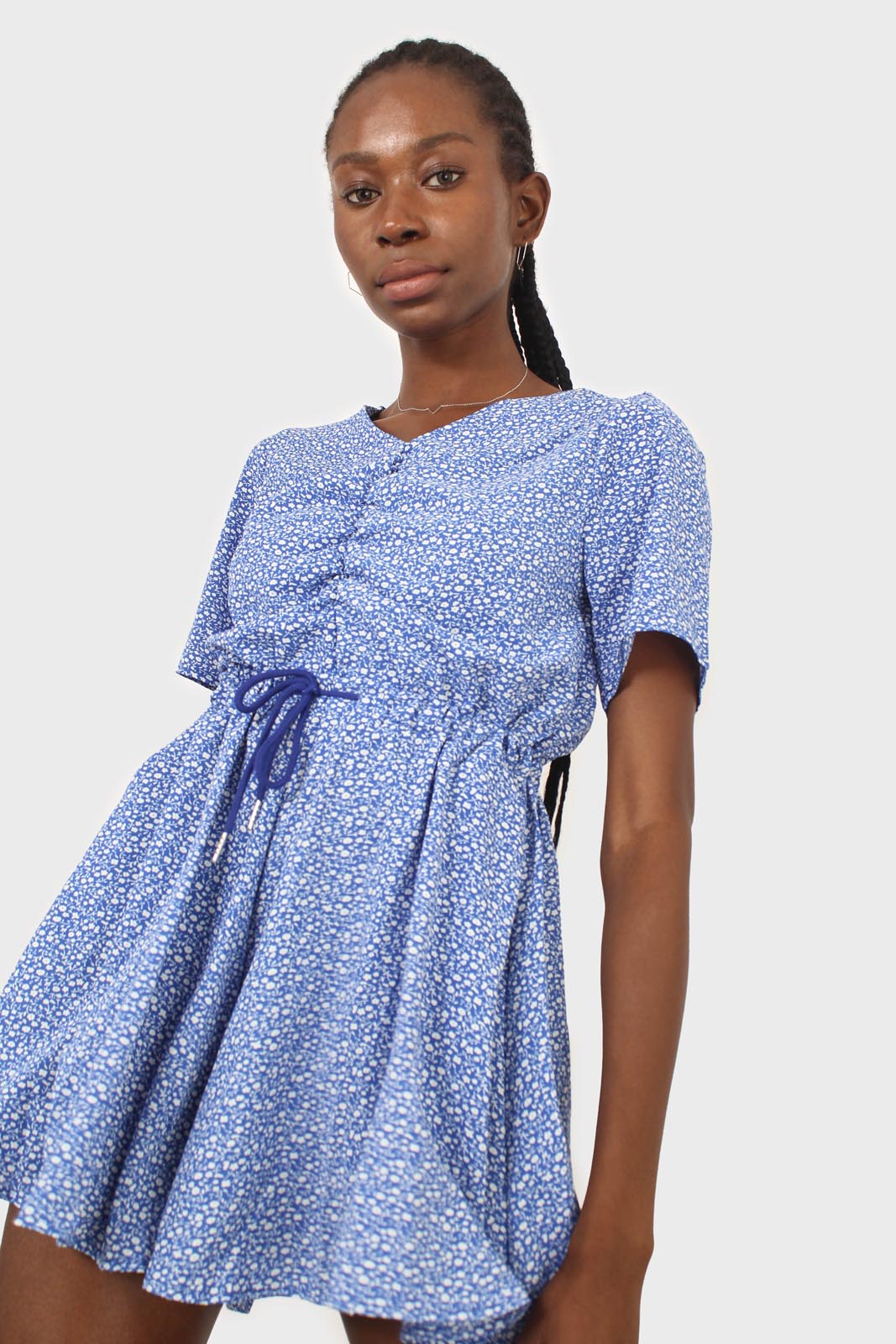Cornflower blue and white floral print tie waist romper_1