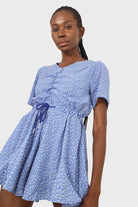 Cornflower blue and white floral print tie waist romper_1