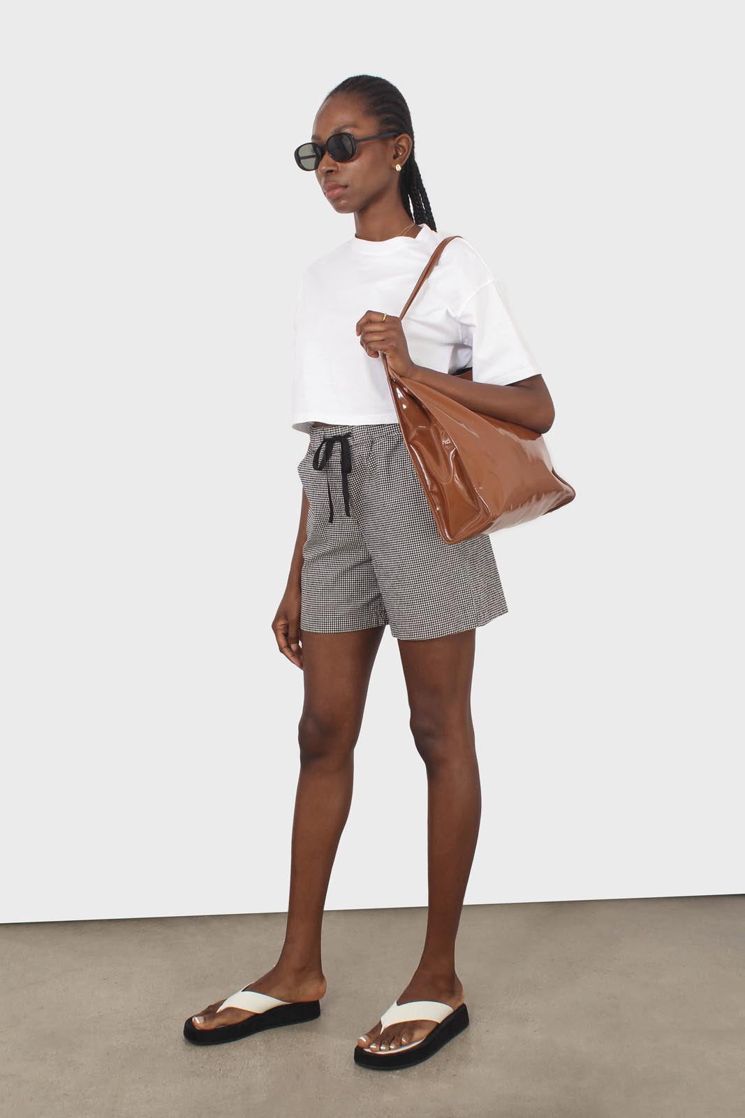 Black and white gingham drawstring shorts_5