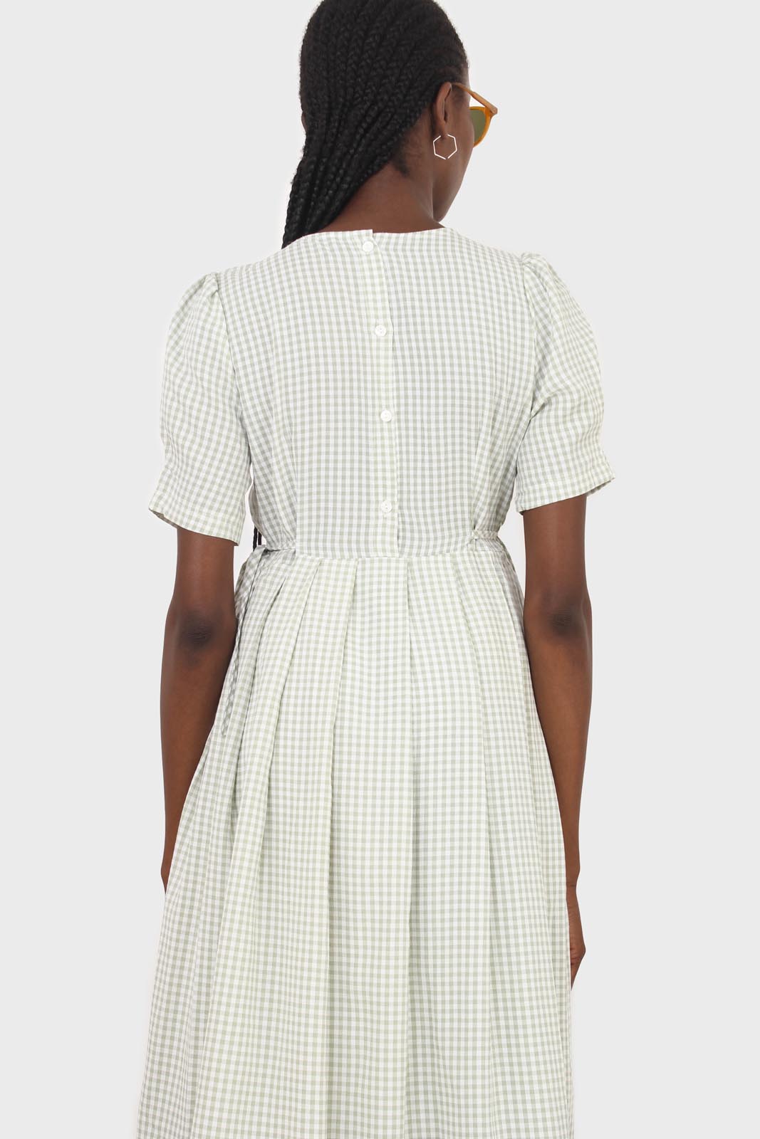 Light green gingham checked side tie midi dress_3