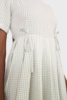 Light green gingham checked side tie midi dress_12