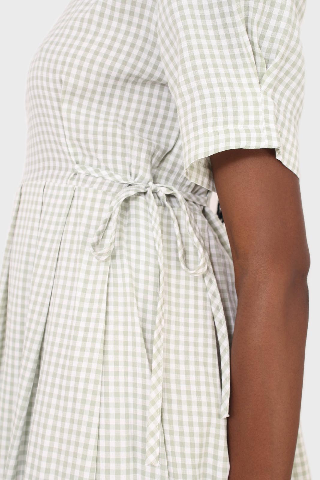 Light green gingham checked side tie midi dress_2