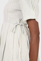 Light green gingham checked side tie midi dress_2