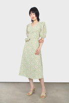 Green and pink floral wrap style midi dress_1