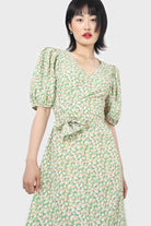 Green and pink floral wrap style midi dress_4