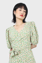 Green and pink floral wrap style midi dress_7