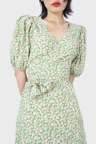 Green and pink floral wrap style midi dress_9