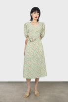 Green and pink floral wrap style midi dress_8