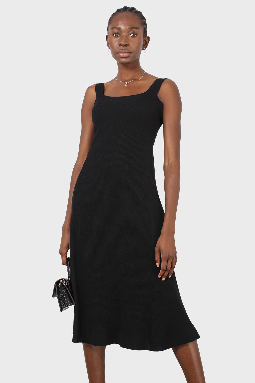 Black square neckline ribbed midi dress_8