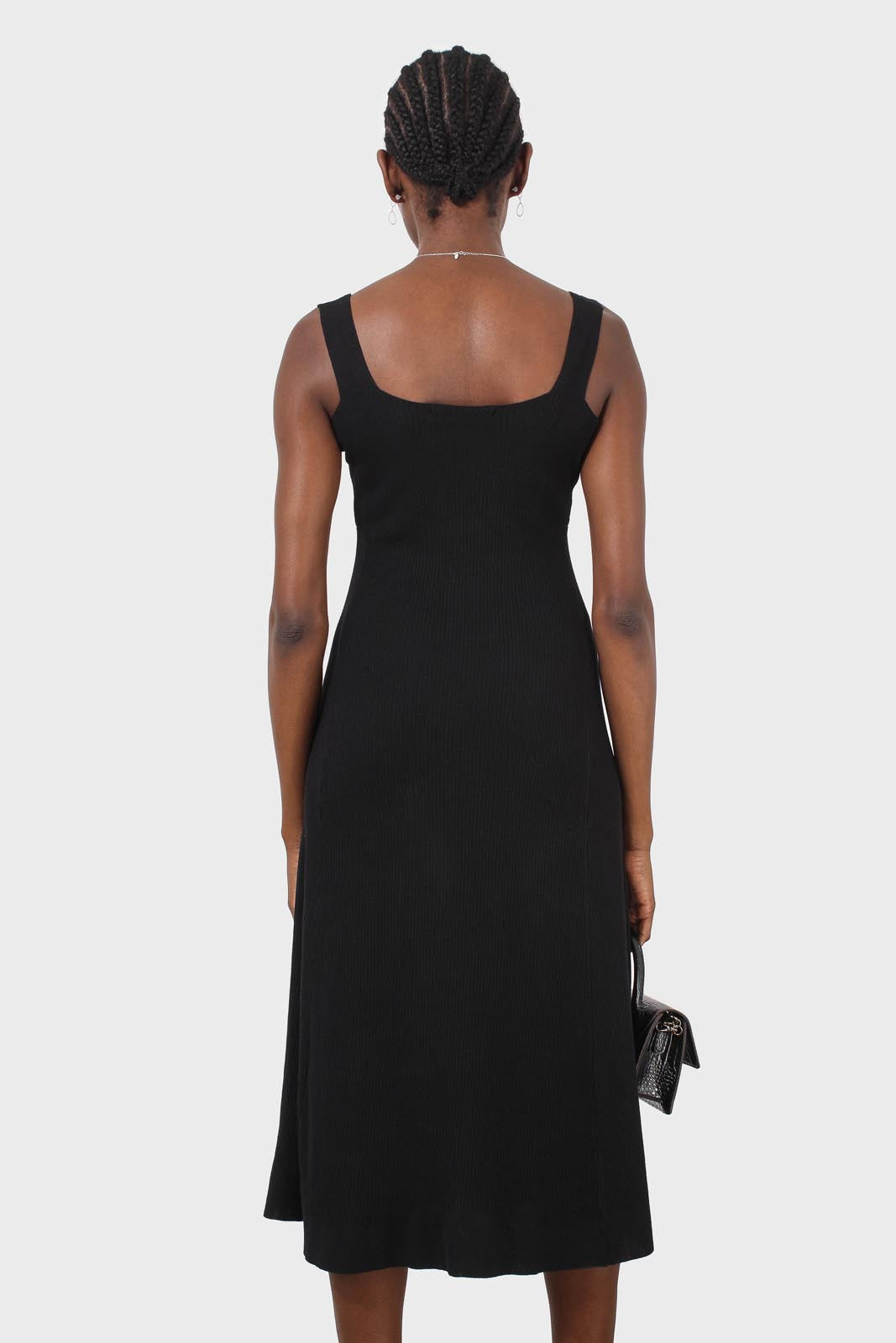 Black square neckline ribbed midi dress_7