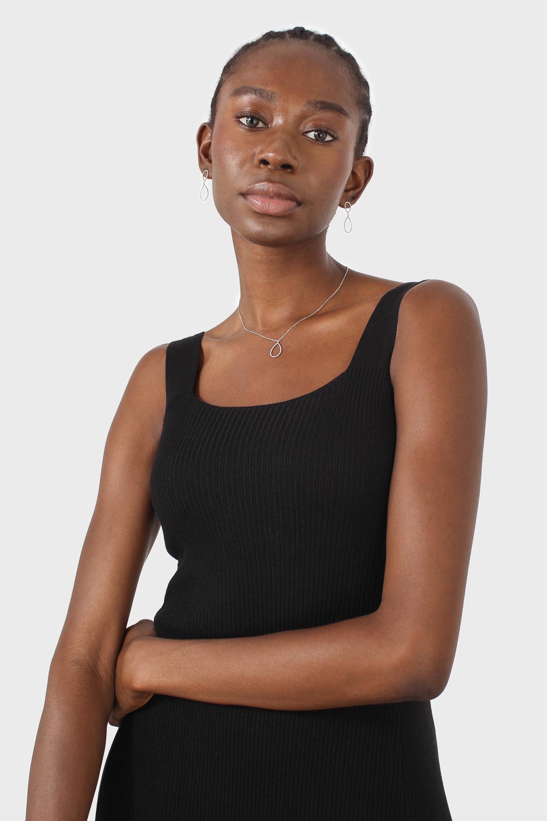 Black square neckline ribbed midi dress_6