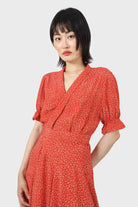 Orange and ivory floral puffed sleeve wrap mini dress_10