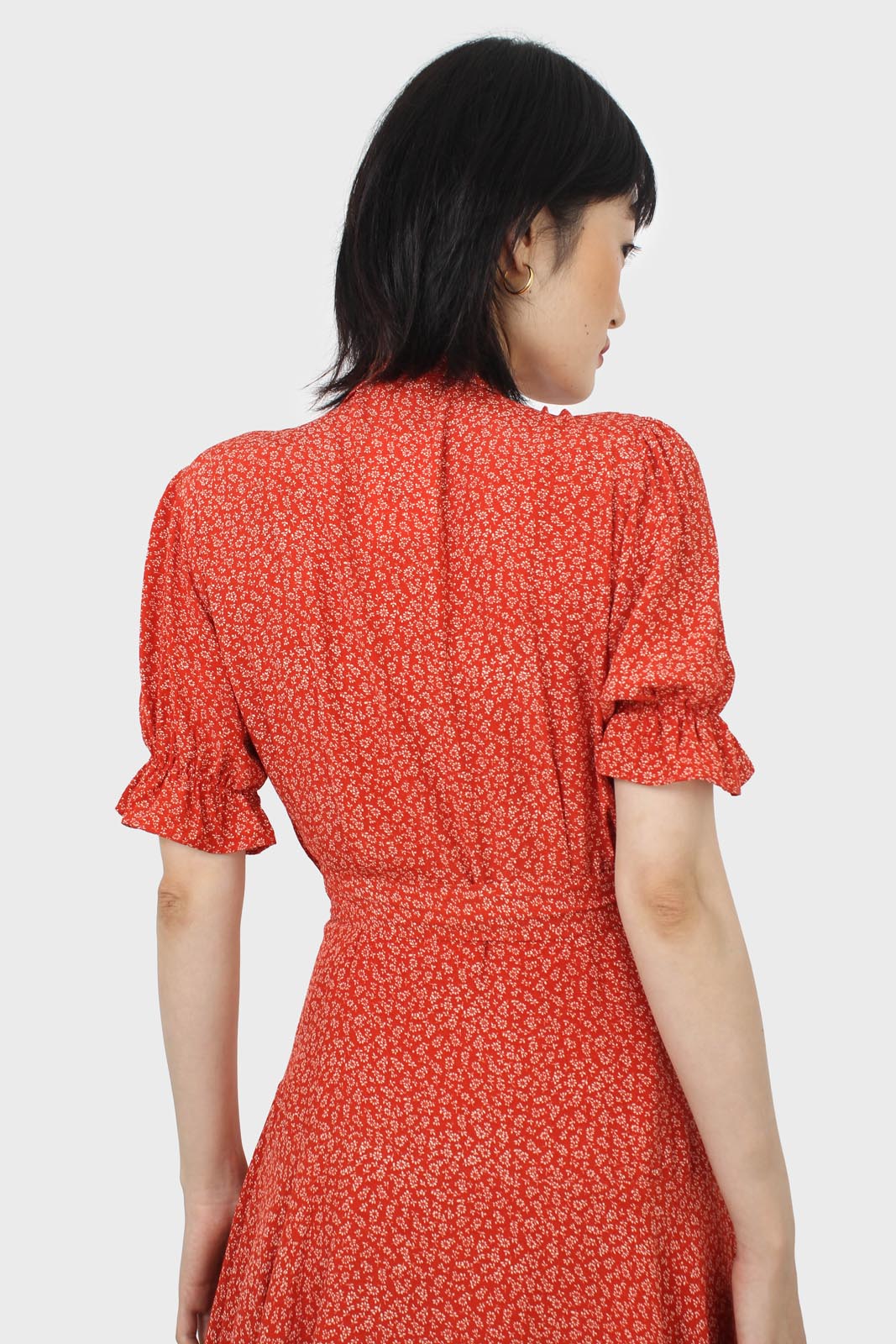 Orange and ivory floral puffed sleeve wrap mini dress_8