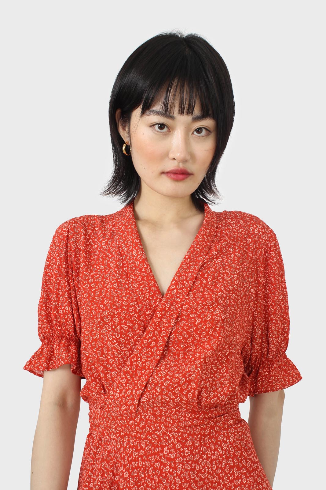 Orange and ivory floral puffed sleeve wrap mini dress_9