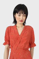 Orange and ivory floral puffed sleeve wrap mini dress_9