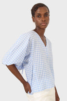 Blue gingham tie back puff sleeved top_3