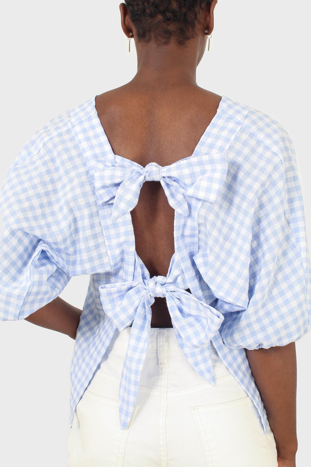 Blue gingham tie back puff sleeved top_1