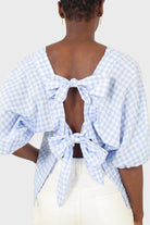Blue gingham tie back puff sleeved top_1