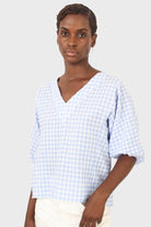 Blue gingham tie back puff sleeved top_7