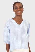 Blue gingham tie back puff sleeved top_8