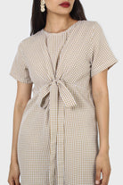Dark beige and white gingham tie front dress_7
