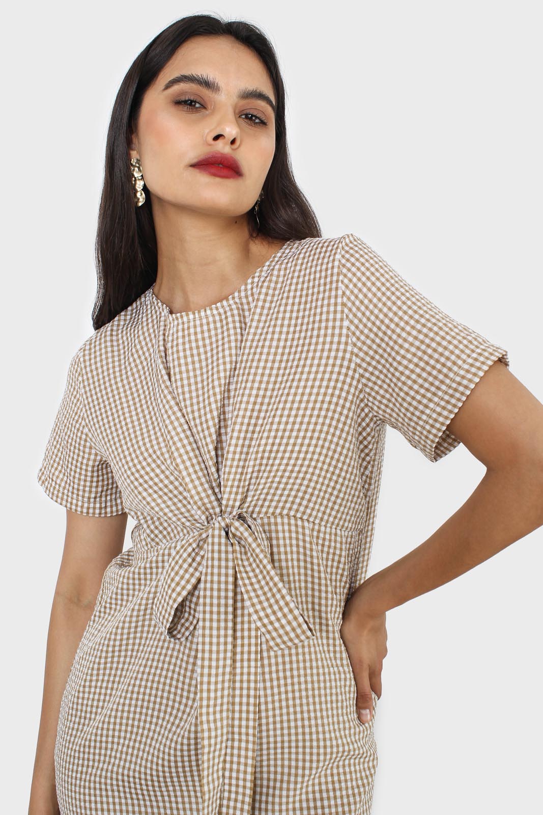 Dark beige and white gingham tie front dress_10