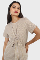 Dark beige and white gingham tie front dress_10