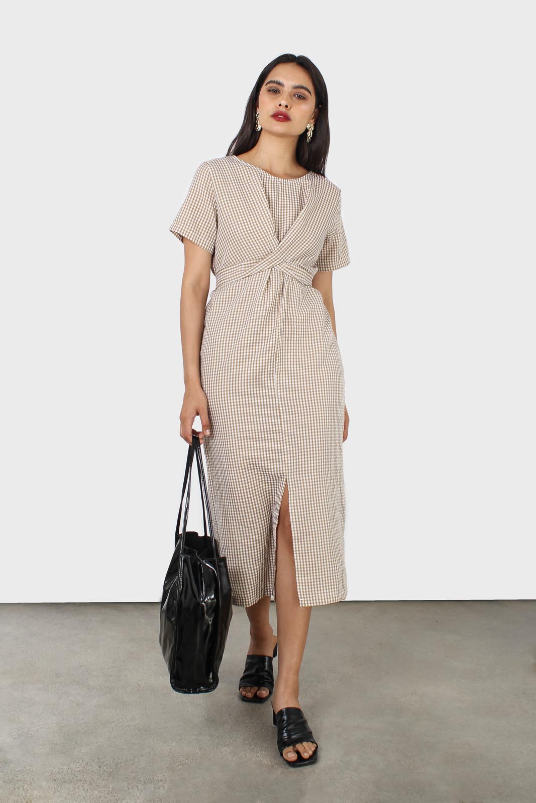 Dark beige and white gingham tie front dress_12