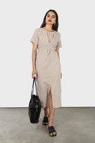 Dark beige and white gingham tie front dress_12