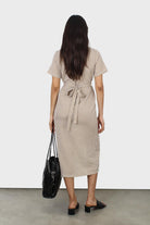 Dark beige and white gingham tie front dress_2