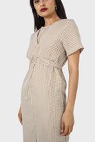Dark beige and white gingham tie front dress_3