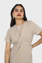 Dark beige and white gingham tie front dress_4