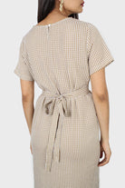 Dark beige and white gingham tie front dress_5