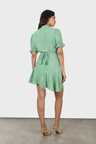 Green and ivory floral puffed sleeve wrap mini dress_9