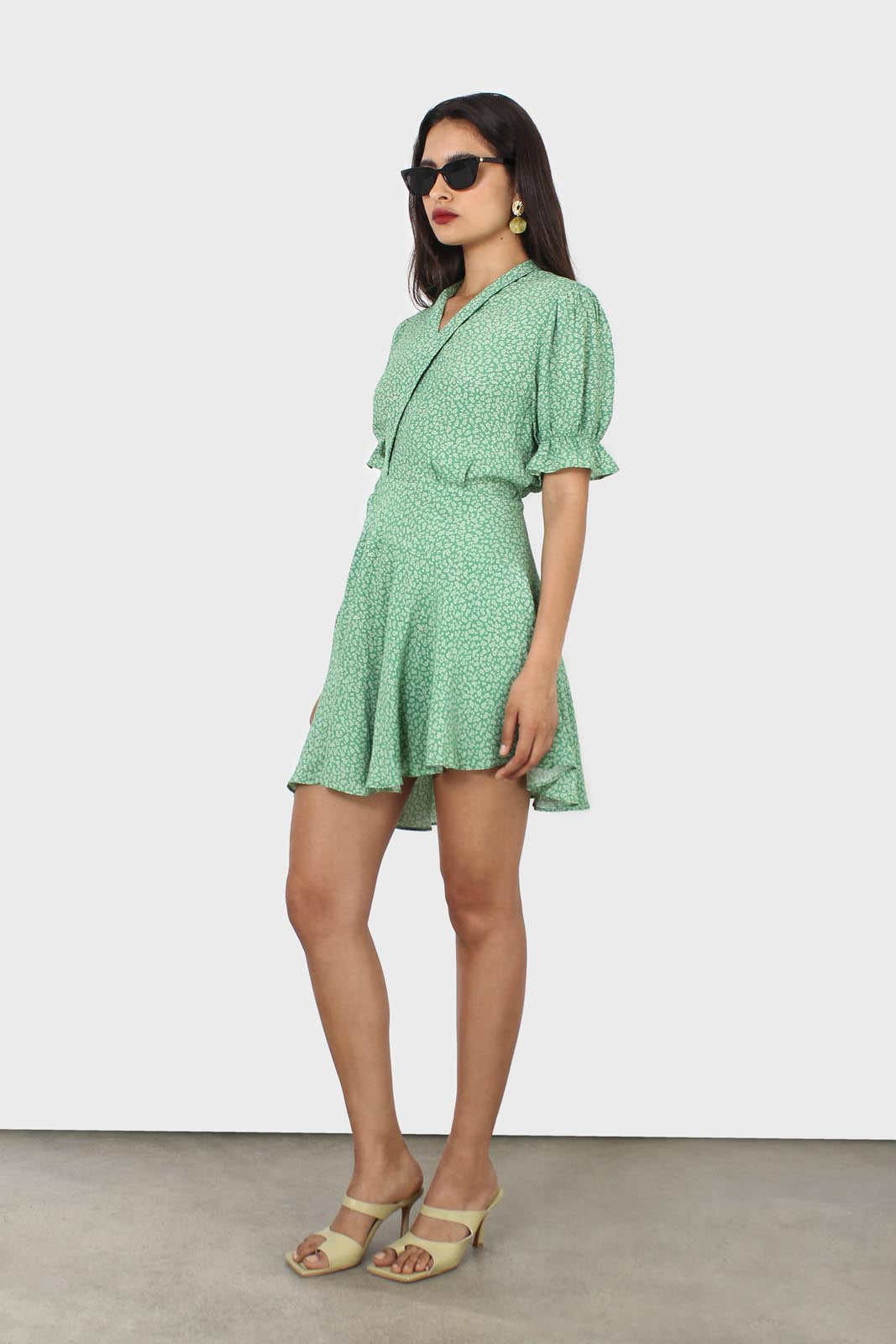 Green and ivory floral puffed sleeve wrap mini dress_6