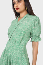 Green and ivory floral puffed sleeve wrap mini dress_4
