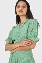 Green and ivory floral puffed sleeve wrap mini dress_10