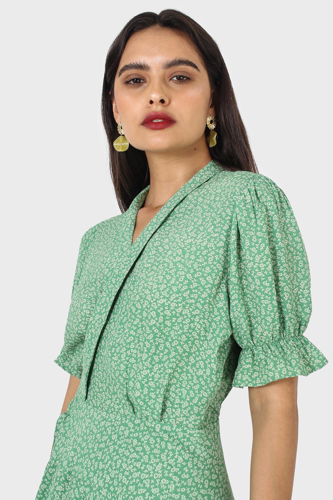 Green and ivory floral puffed sleeve wrap mini dress_11