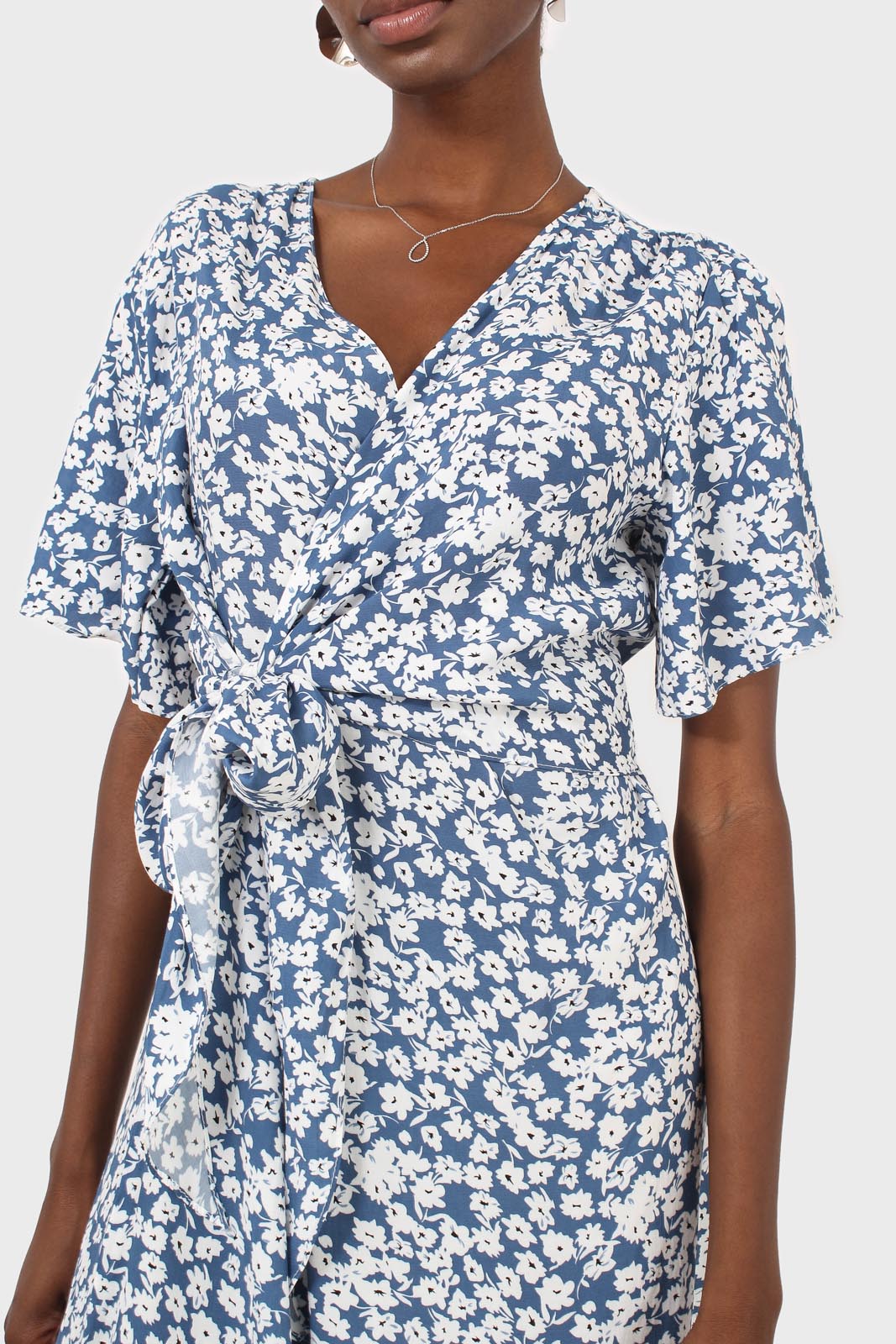 Blue tiny floral print wrap midi dress_3
