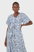 Blue tiny floral print wrap midi dress_10