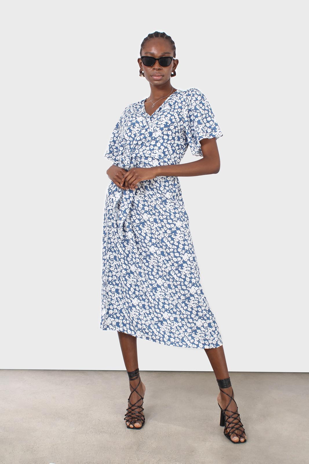 Blue tiny floral print wrap midi dress_1